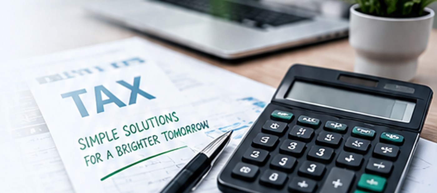Tax documents, calculator and office desk